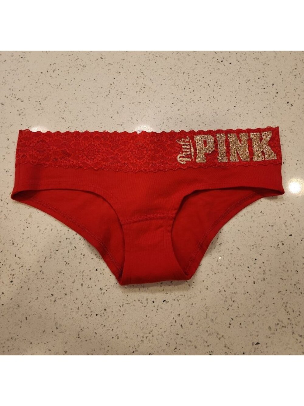 victoria's secret pink panties Small Extra Low Rise Hipster Red Gold Sparkle